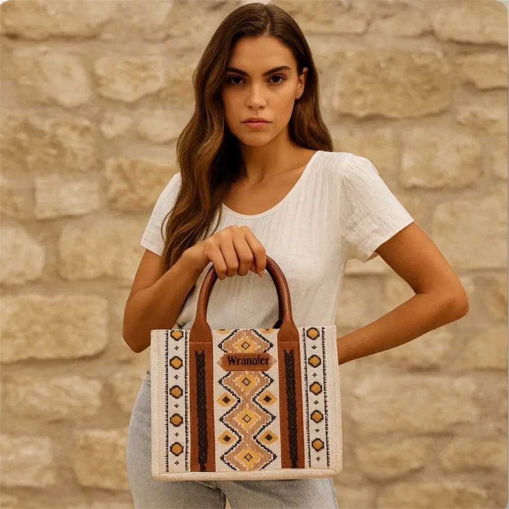 New‎ Wrangler Aztec Canvas Tote Crossbody Bag Coffee Brown Southwestern Purse